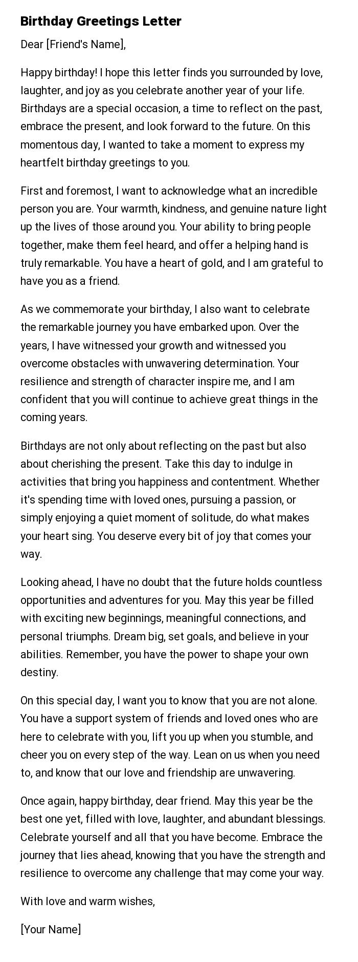 Birthday Greetings Letter