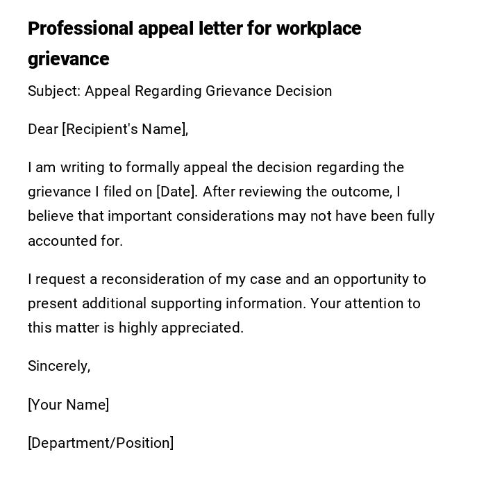 Professional appeal letter for workplace grievance Professional appeal letter for workplace grievance
