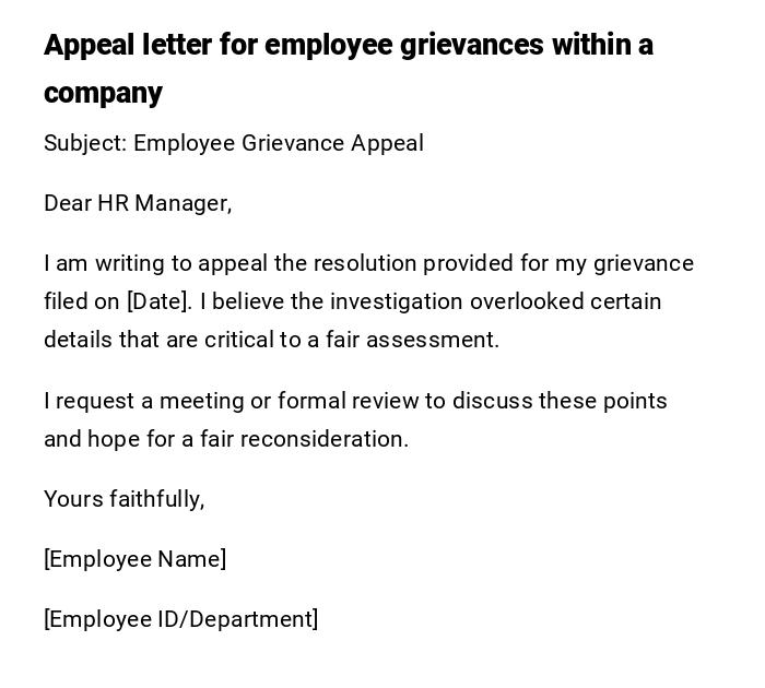 Appeal letter for employee grievances within a company Appeal letter for employee grievances within a company