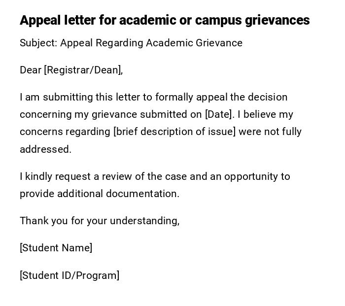 Appeal letter for academic or campus grievances Appeal letter for academic or campus grievances