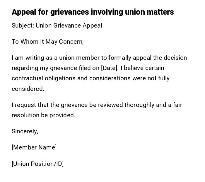 Appeal for grievances involving union matters Appeal for grievances involving union matters