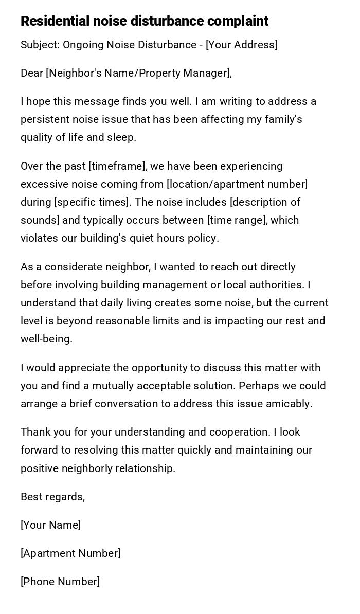 Residential noise disturbance complaint Residential noise disturbance complaint