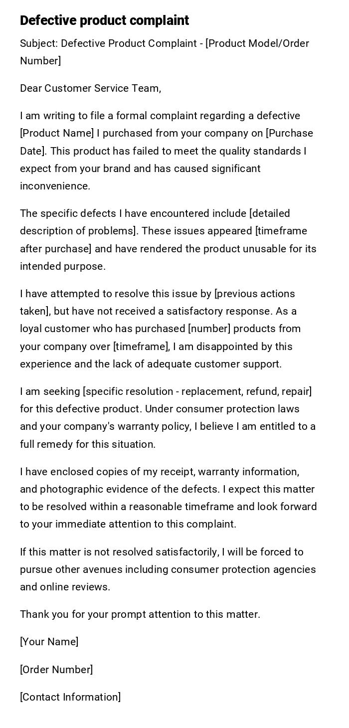 Defective product complaint Defective product complaint