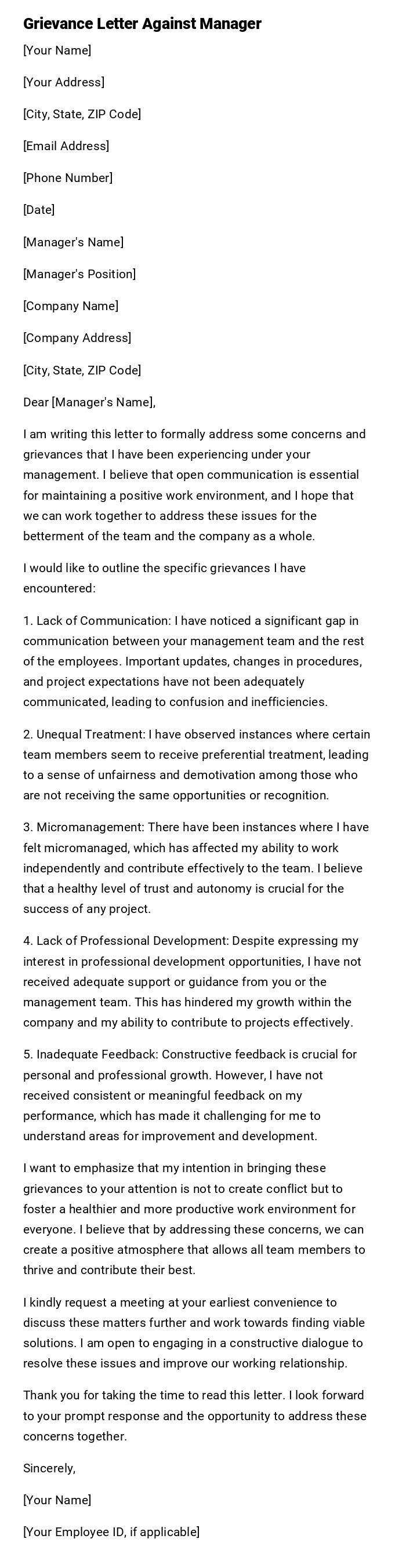 Grievance Letter Against Manager