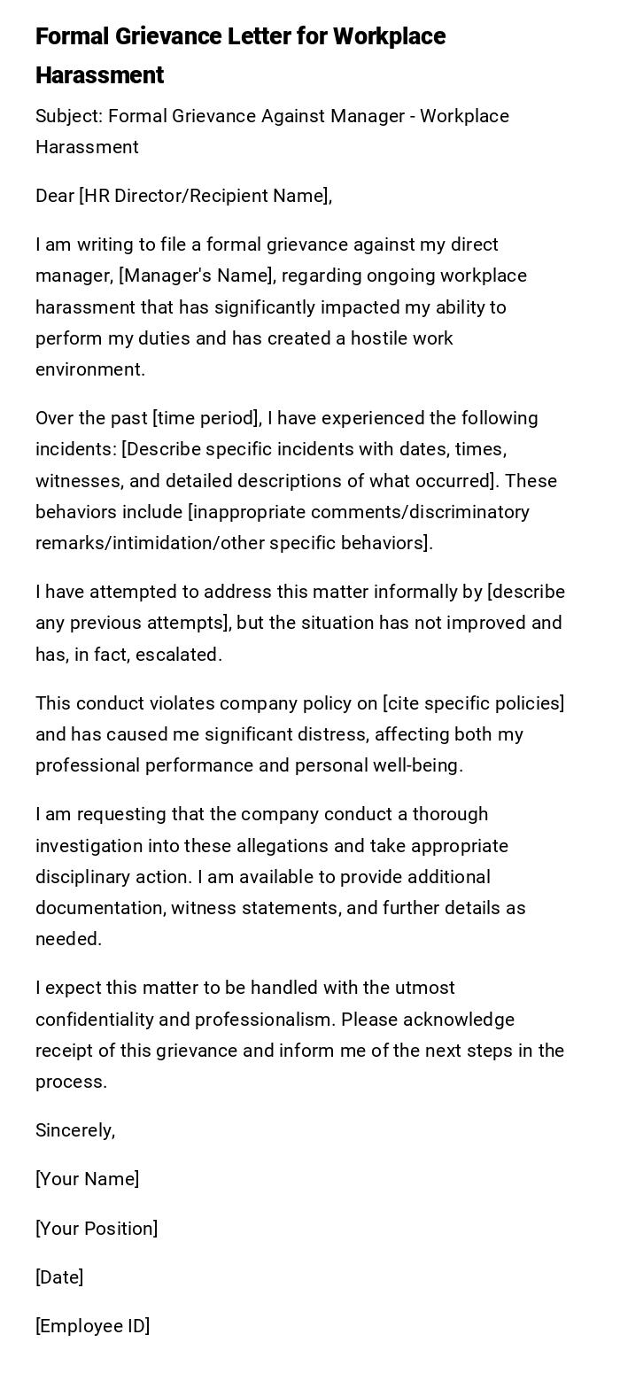 Formal Grievance Letter for Workplace Harassment Formal Grievance Letter for Workplace Harassment