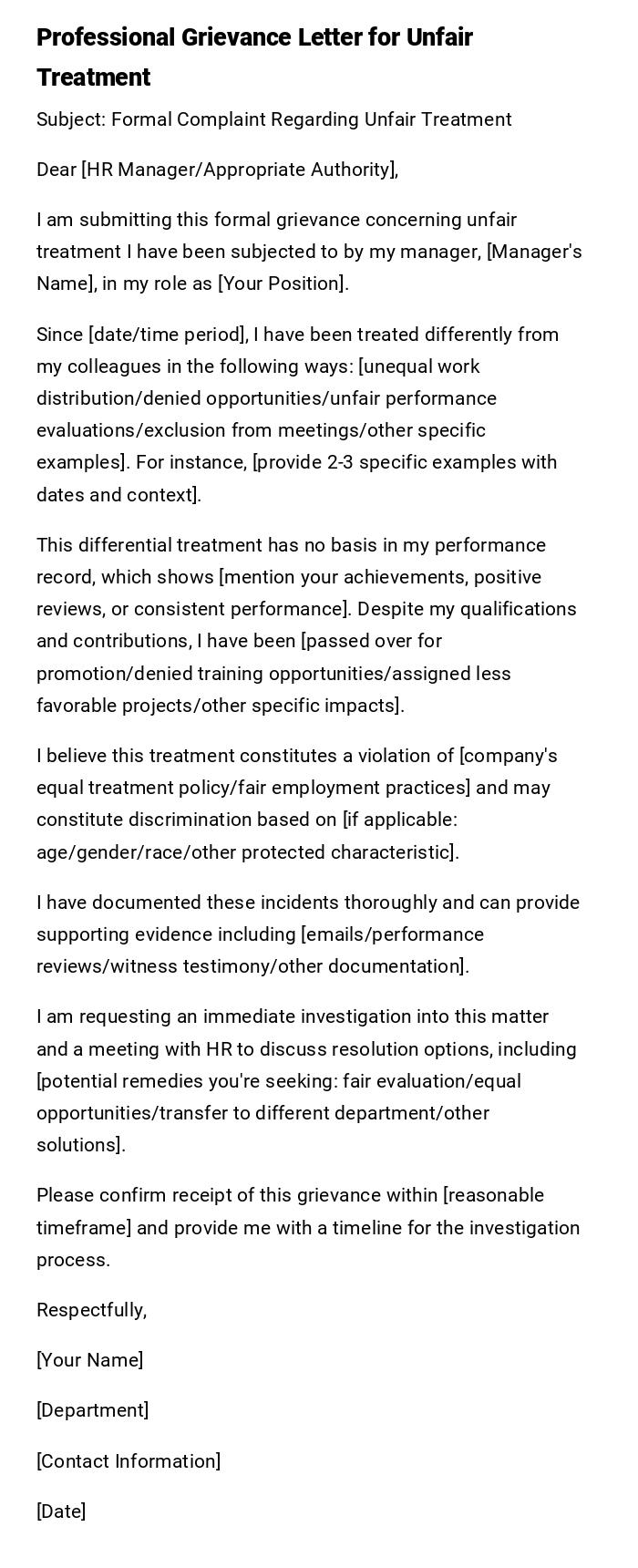 Professional Grievance Letter for Unfair Treatment Professional Grievance Letter for Unfair Treatment