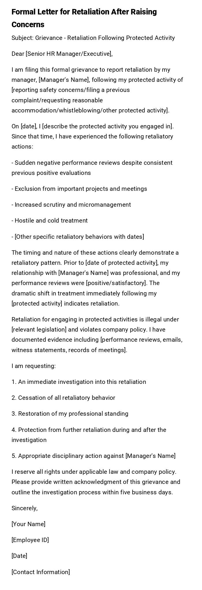 Formal Letter for Retaliation After Raising Concerns Formal Letter for Retaliation After Raising Concerns