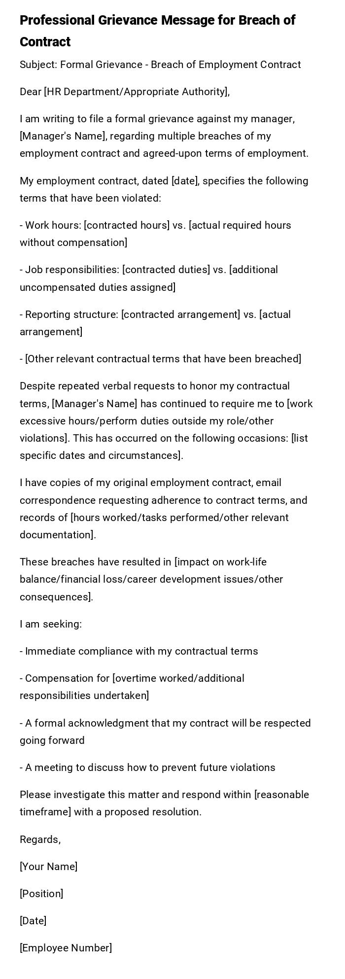 Professional Grievance Message for Breach of Contract Professional Grievance Message for Breach of Contract
