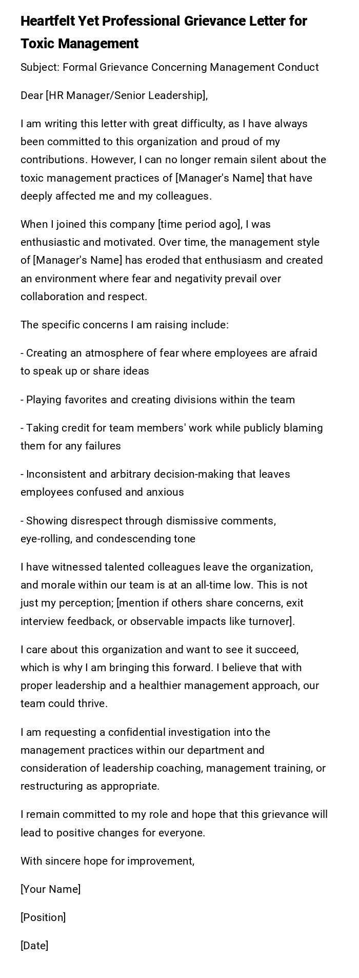 Heartfelt Yet Professional Grievance Letter for Toxic Management Heartfelt Yet Professional Grievance Letter for Toxic Management