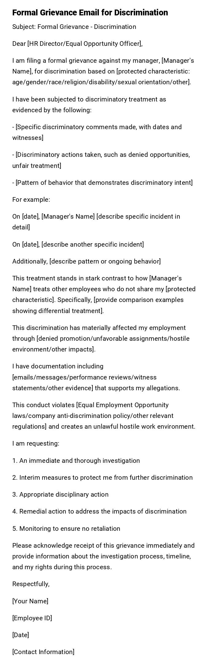 Formal Grievance Email for Discrimination Formal Grievance Email for Discrimination