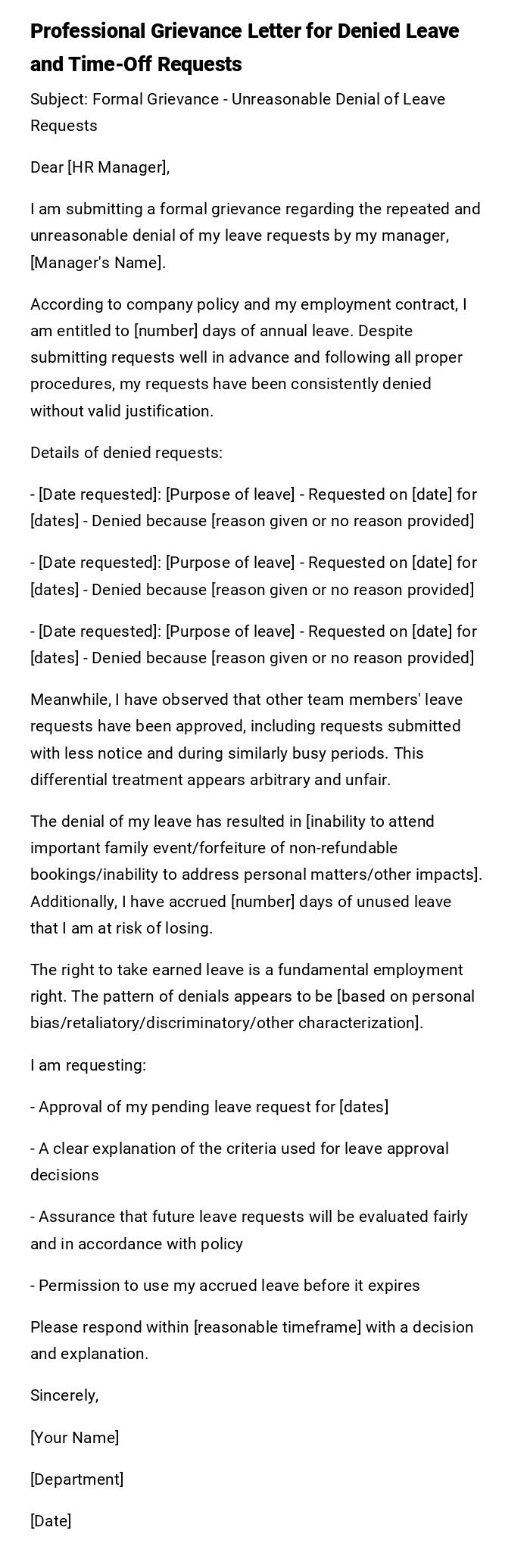 Professional Grievance Letter for Denied Leave and Time-Off Requests Professional Grievance Letter for Denied Leave and Time-Off Requests