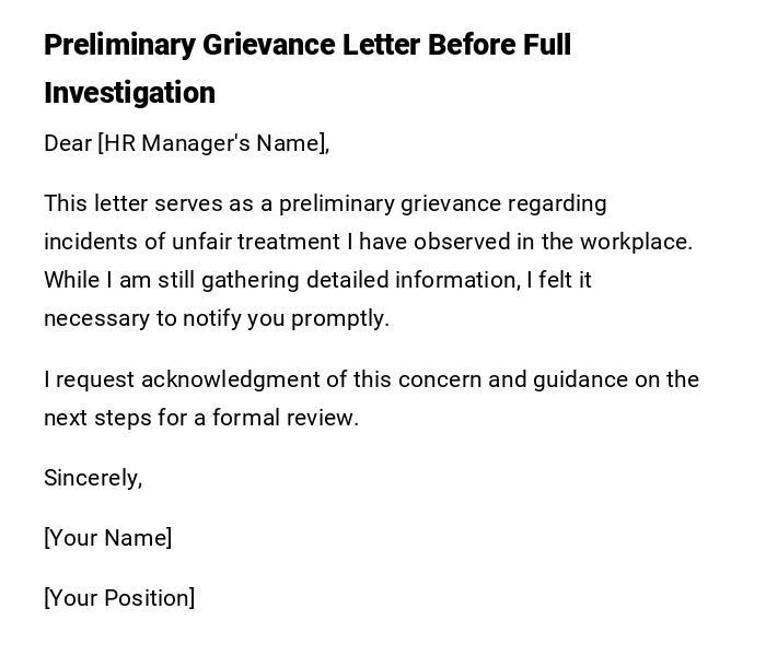 Preliminary Grievance Letter Before Full Investigation Preliminary Grievance Letter Before Full Investigation