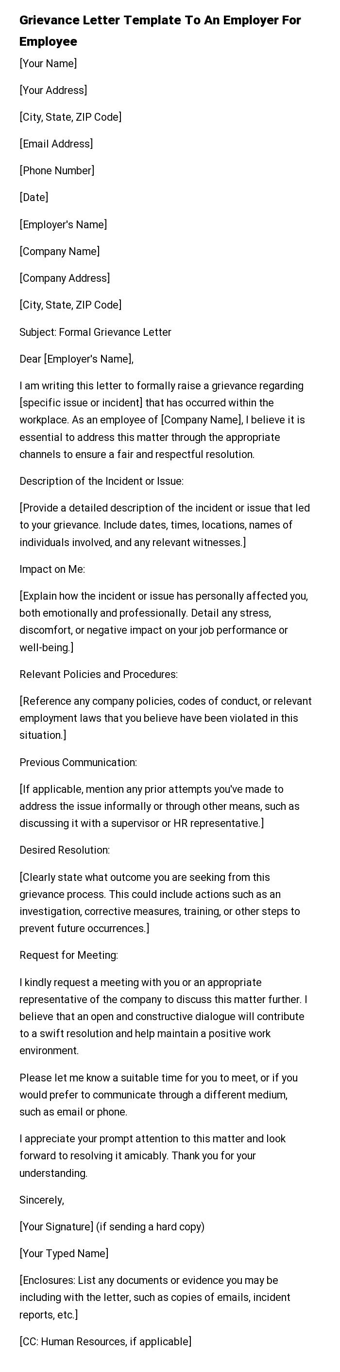 Grievance Letter Template To An Employer For Employee