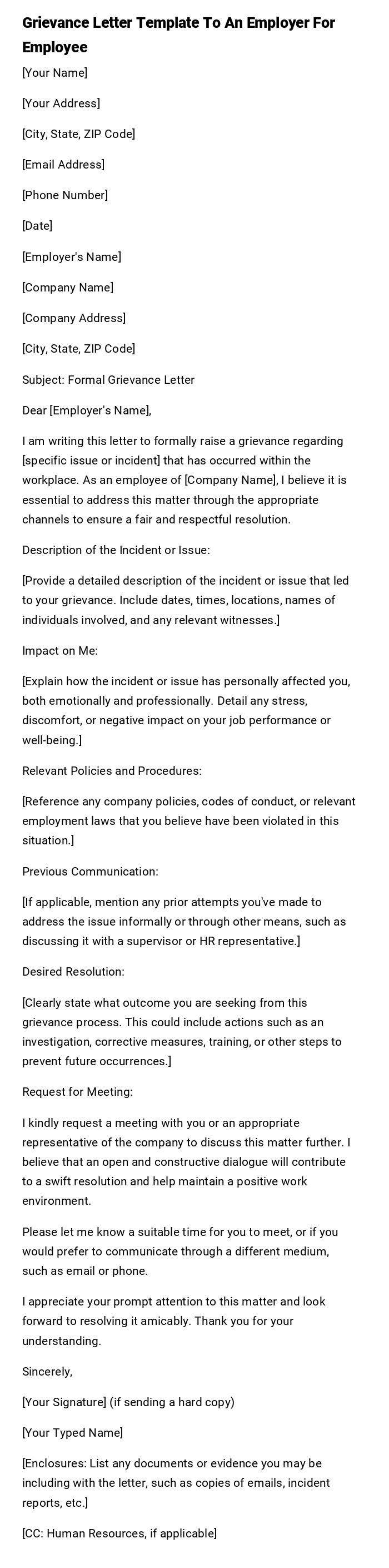 Grievance Letter Template To An Employer For Employee