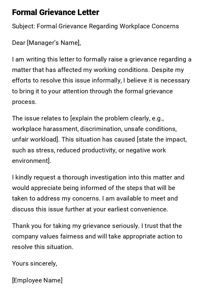 Formal Grievance Letter Formal Grievance Letter