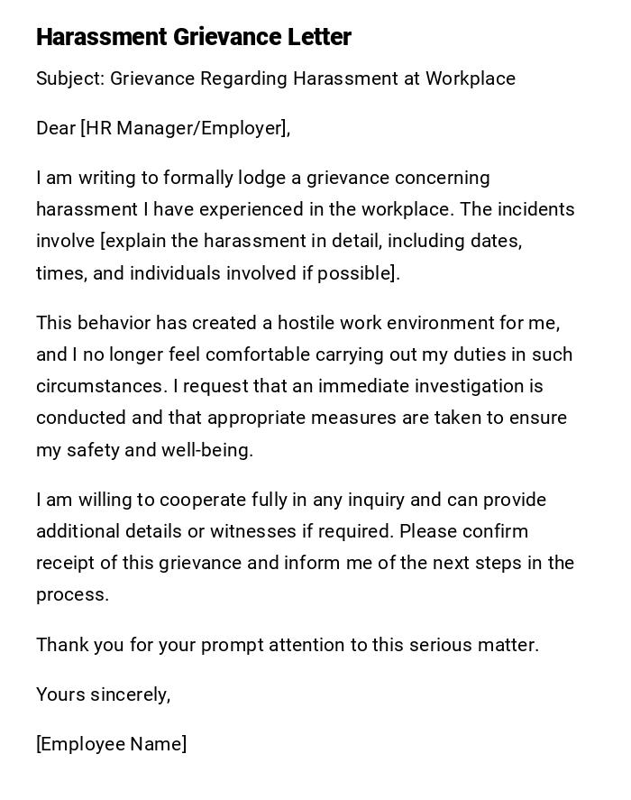 Harassment Grievance Letter Harassment Grievance Letter