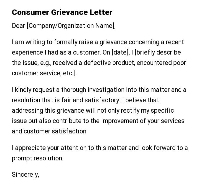 Consumer Grievance Letter