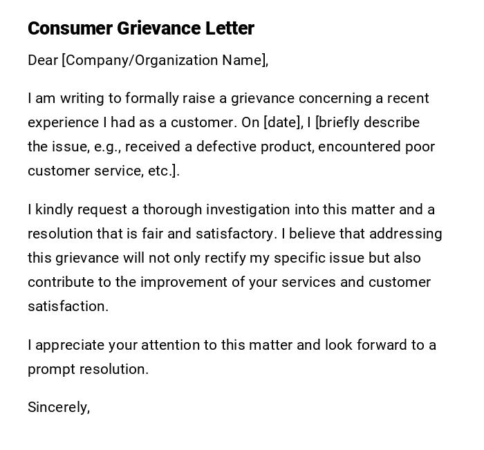 Consumer Grievance Letter