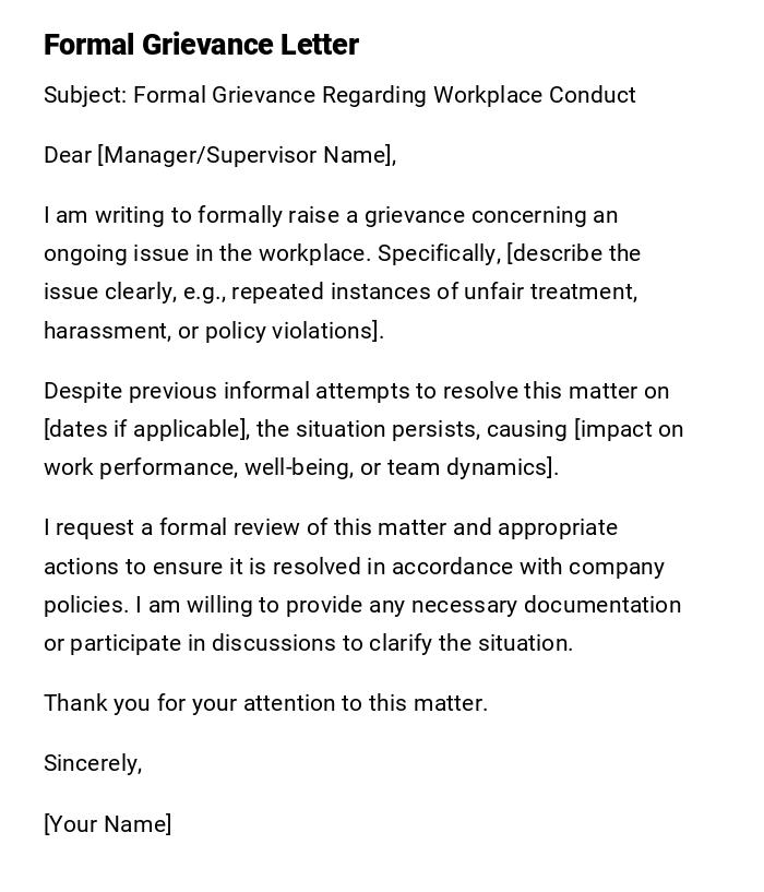 Formal Grievance Letter Formal Grievance Letter
