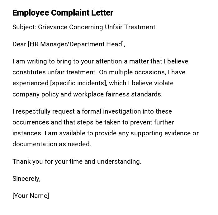 Employee Complaint Letter Employee Complaint Letter