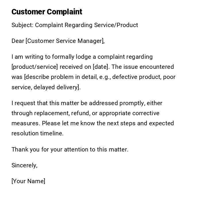 Customer Complaint Customer Complaint