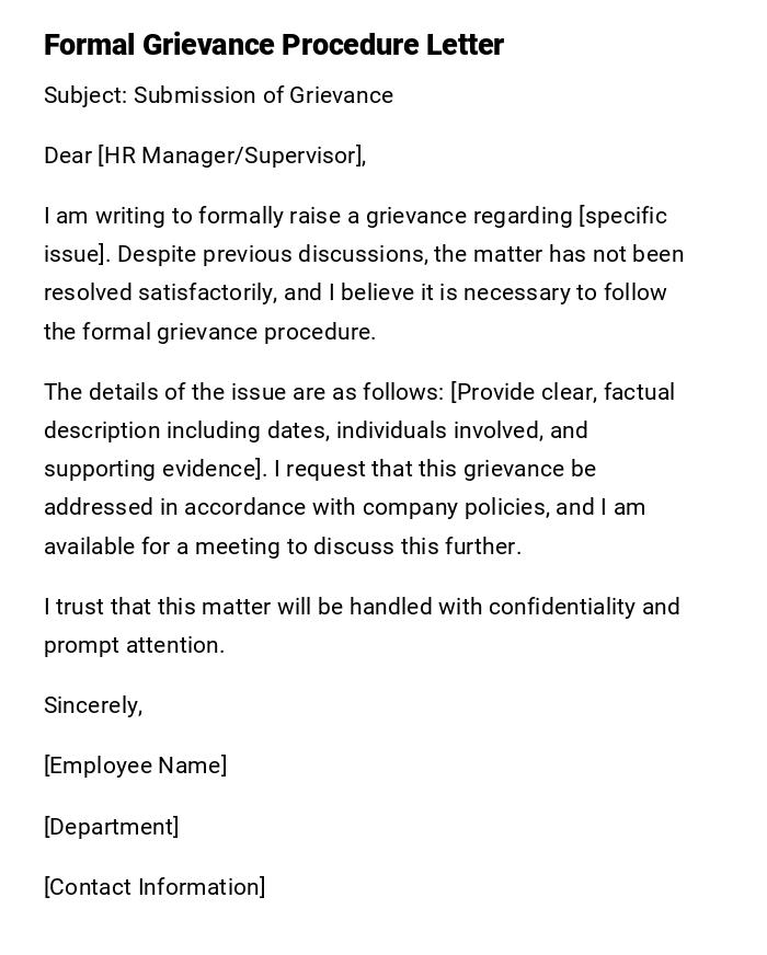 Formal Grievance Procedure Letter Formal Grievance Procedure Letter