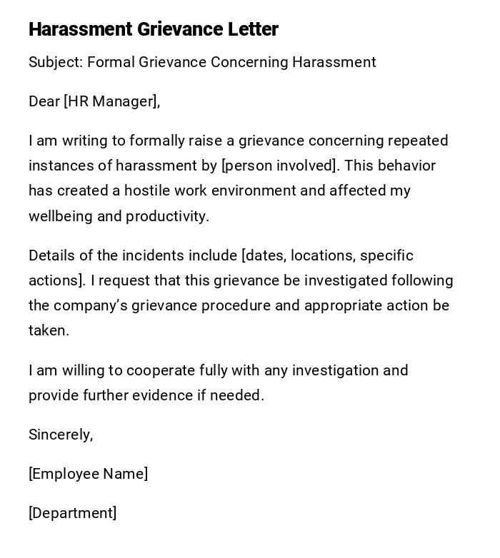 Harassment Grievance Letter Harassment Grievance Letter