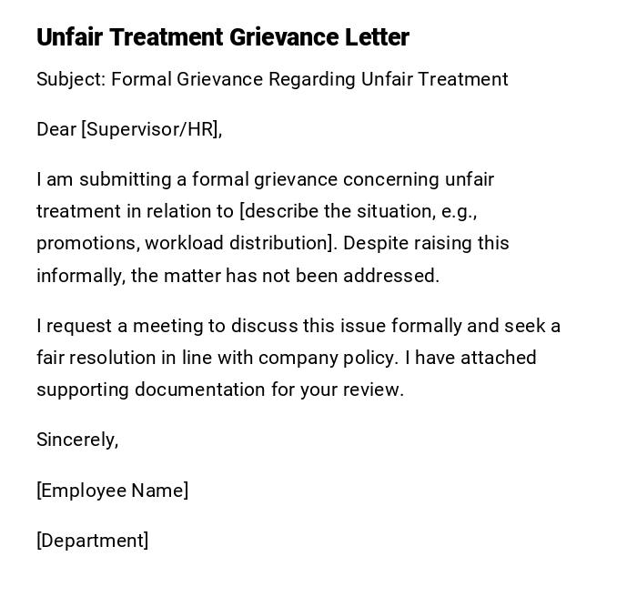 Unfair Treatment Grievance Letter Unfair Treatment Grievance Letter