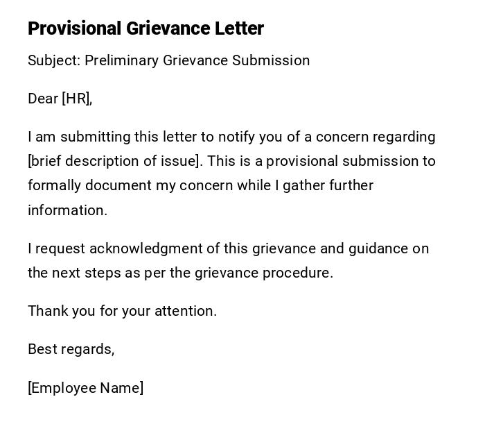 Provisional Grievance Letter Provisional Grievance Letter