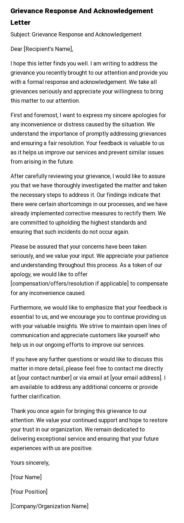Grievance Response And Acknowledgement Letter