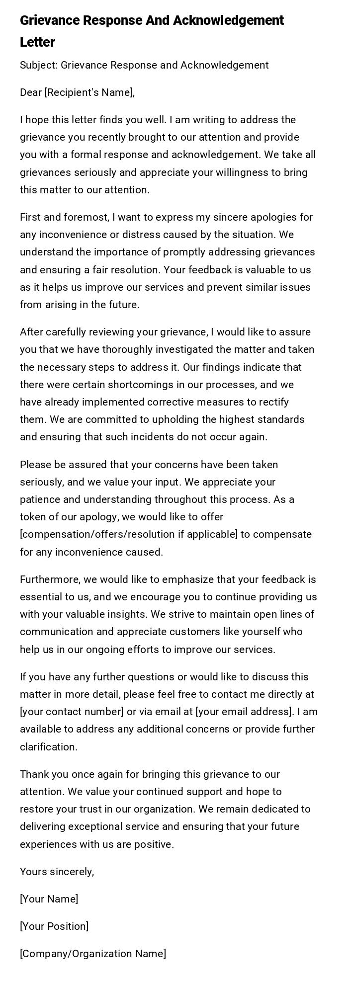 Grievance Response And Acknowledgement Letter