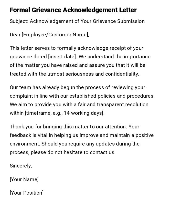 Formal Grievance Acknowledgement Letter Formal Grievance Acknowledgement Letter