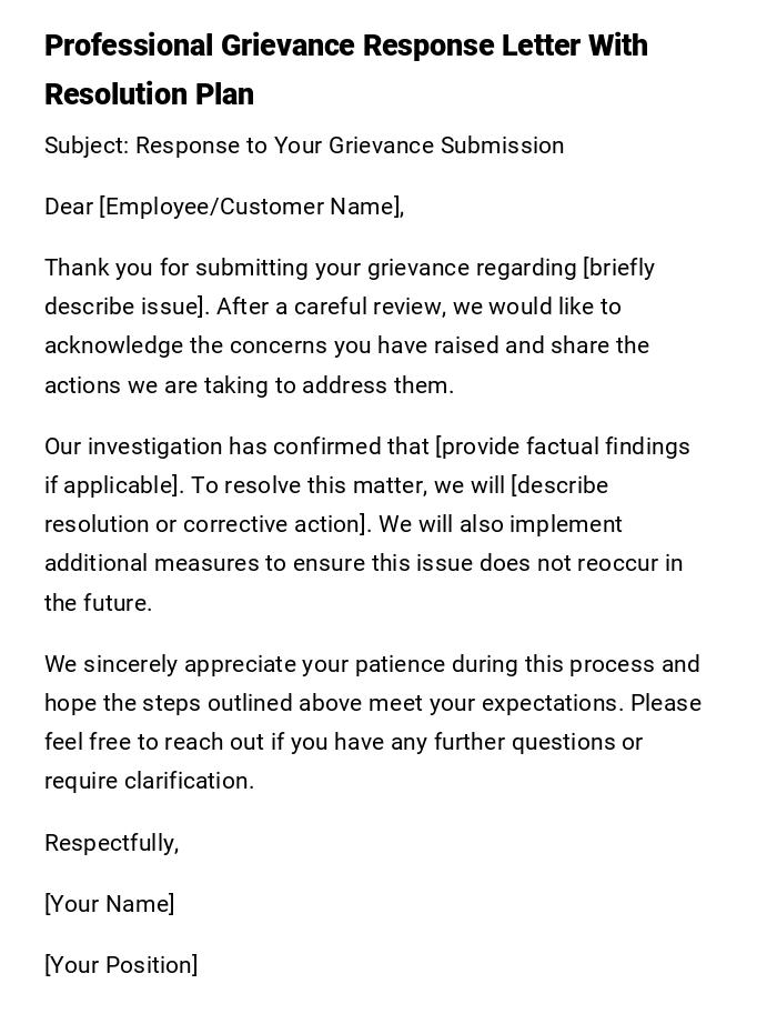 Professional Grievance Response Letter With Resolution Plan Professional Grievance Response Letter With Resolution Plan