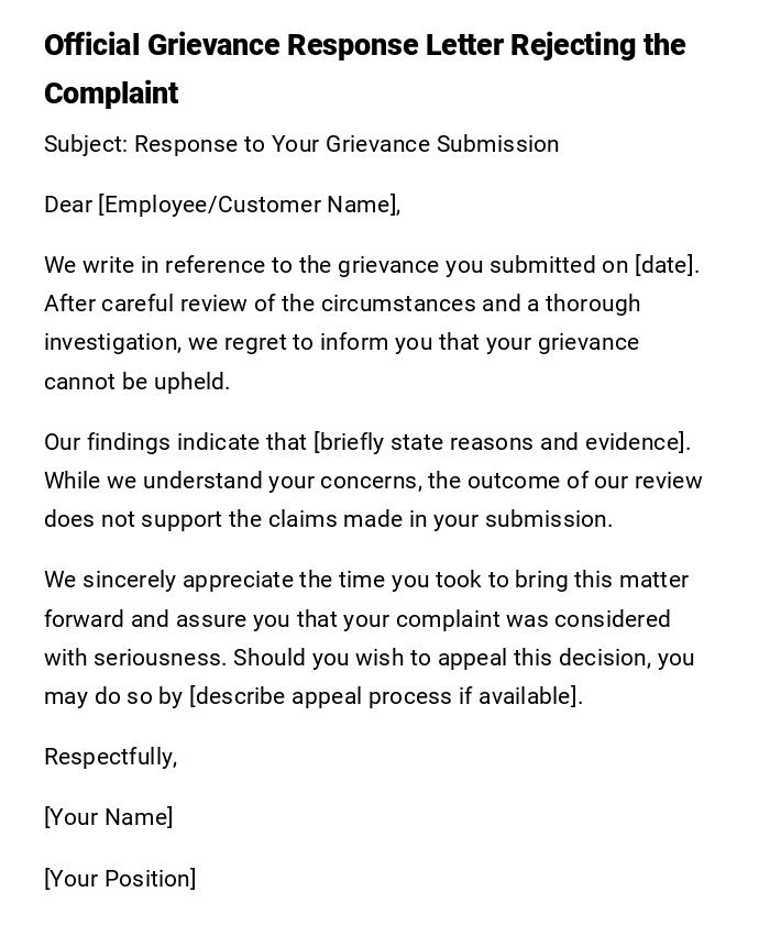 Official Grievance Response Letter Rejecting the Complaint Official Grievance Response Letter Rejecting the Complaint
