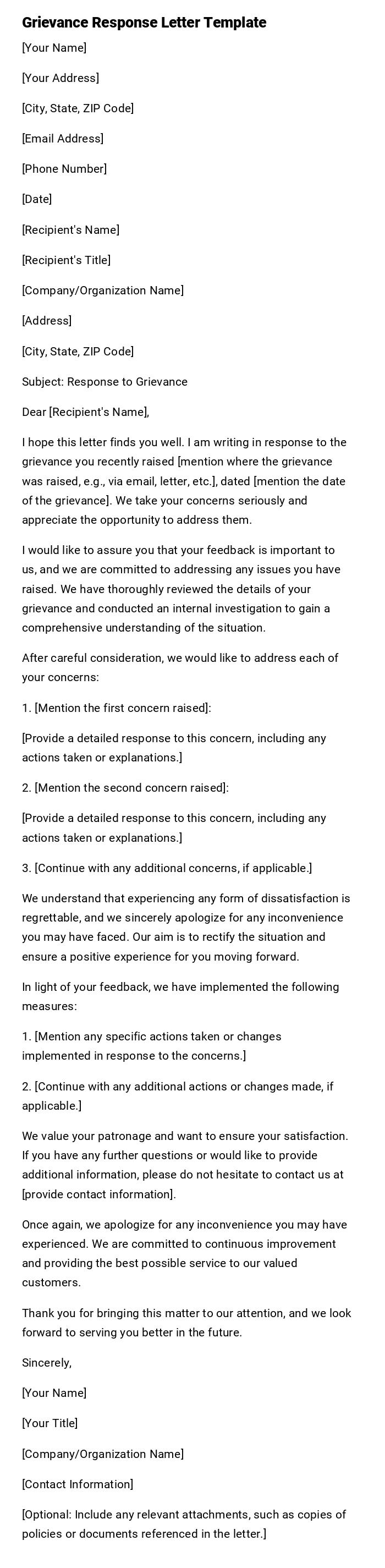 Grievance Response Letter Template