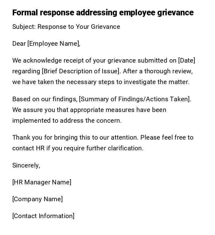 Formal response addressing employee grievance Formal response addressing employee grievance