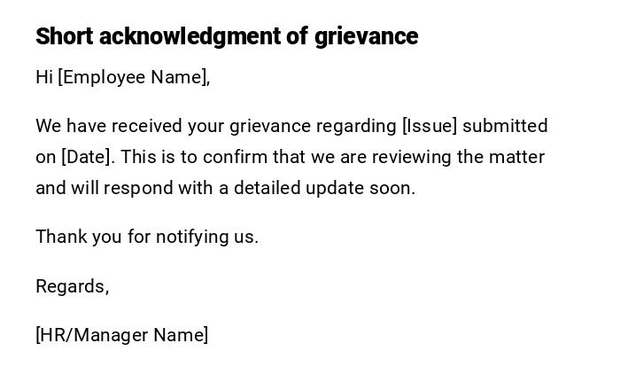 Short acknowledgment of grievance Short acknowledgment of grievance