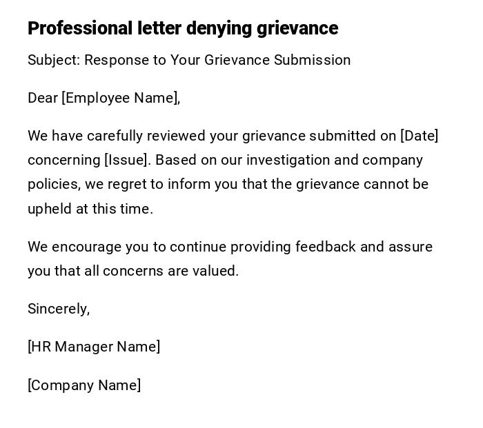 Professional letter denying grievance Professional letter denying grievance