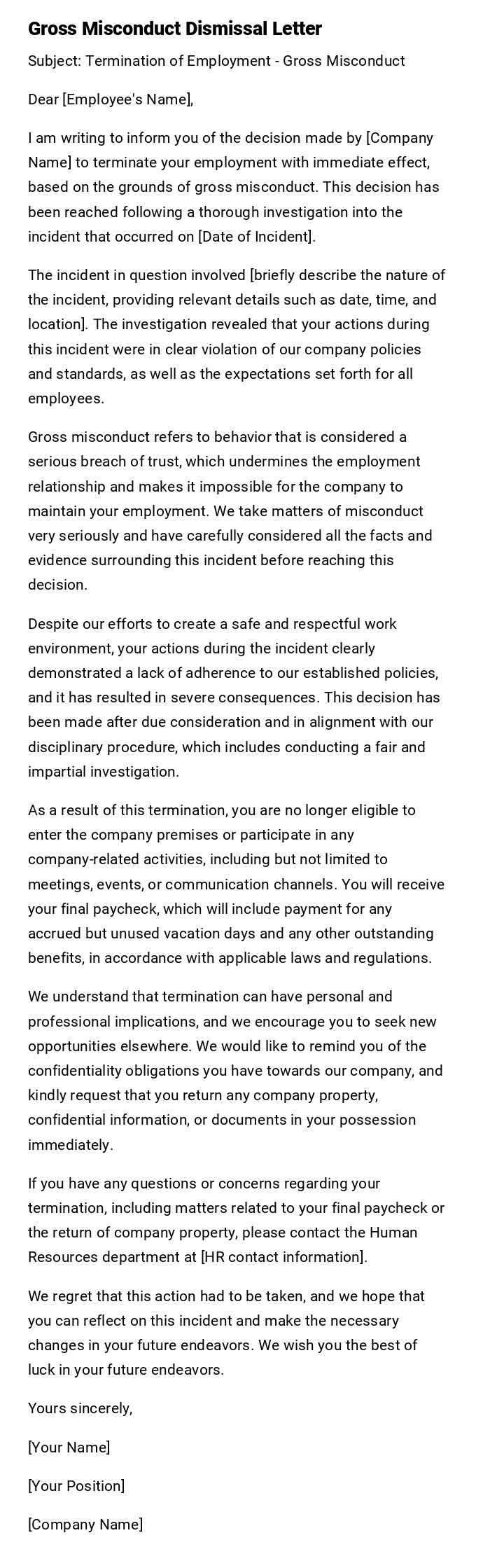Gross Misconduct Dismissal Letter Gross Misconduct Dismissal Letter