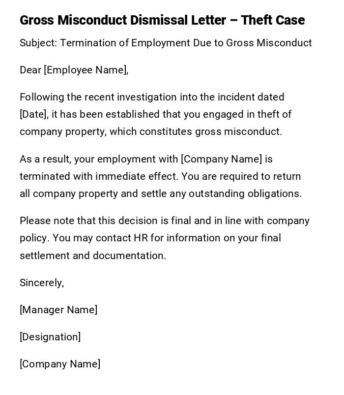 Gross Misconduct Dismissal Letter – Theft Case Gross Misconduct Dismissal Letter – Theft Case