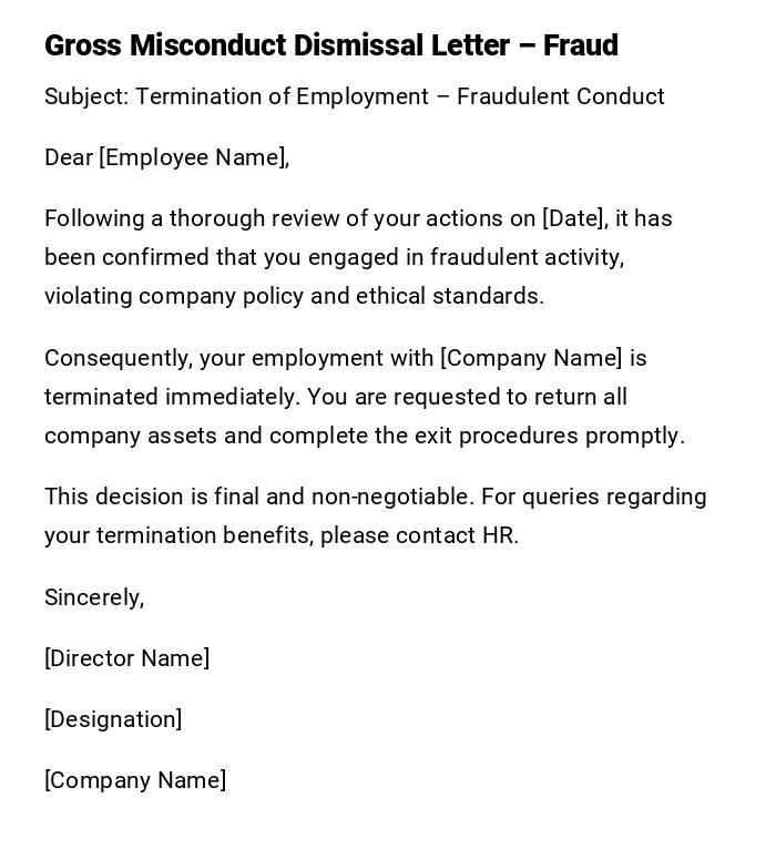 Gross Misconduct Dismissal Letter – Fraud Gross Misconduct Dismissal Letter – Fraud