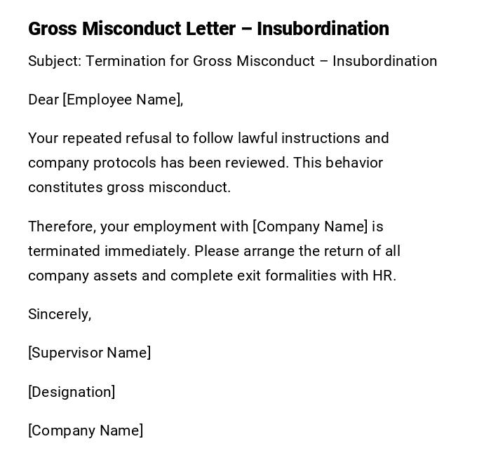 Gross Misconduct Letter – Insubordination Gross Misconduct Letter – Insubordination