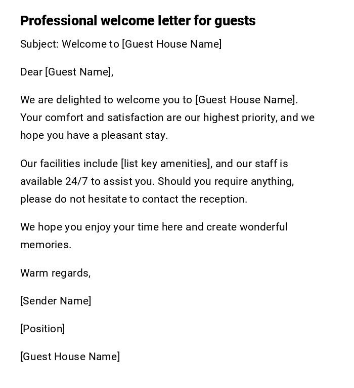 Professional welcome letter for guests Professional welcome letter for guests