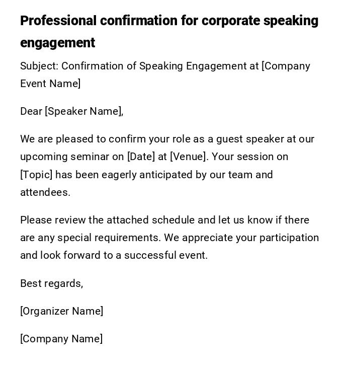 Professional confirmation for corporate speaking engagement