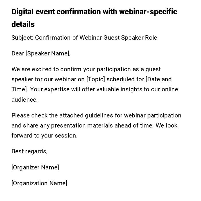 Digital event confirmation with webinar-specific details