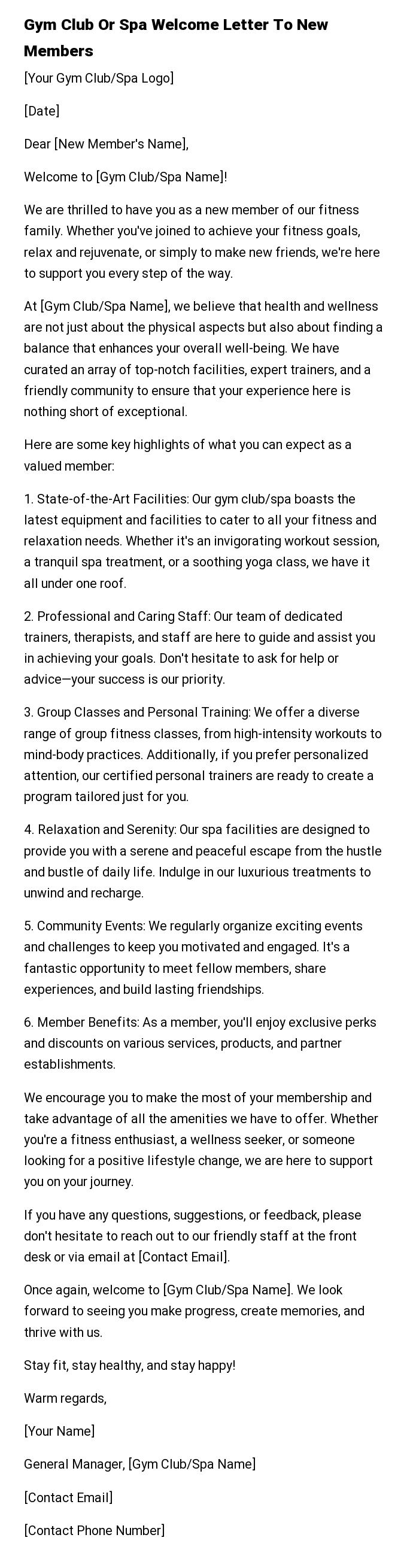 Gym Club Or Spa Welcome Letter To New Members