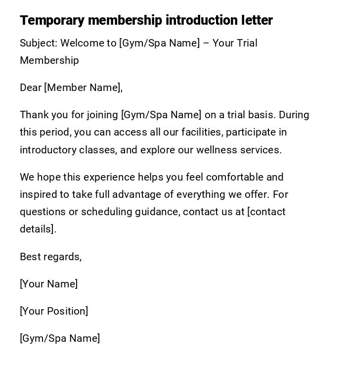 Temporary membership introduction letter