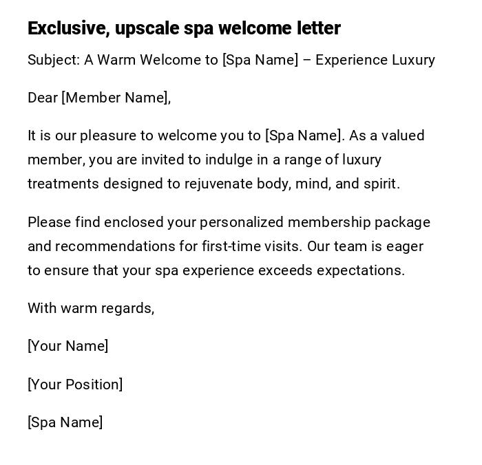 Exclusive, upscale spa welcome letter