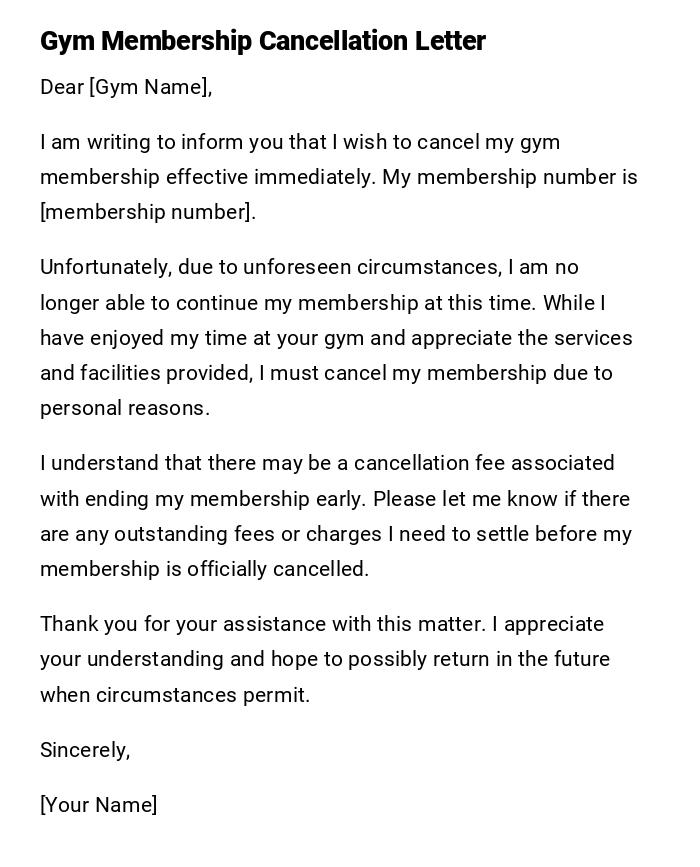 Gym Membership Cancellation Letter