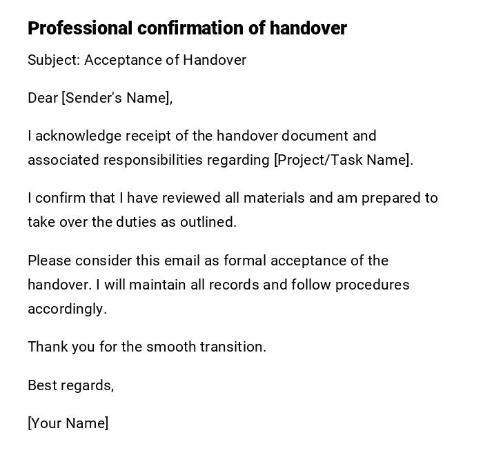 Professional confirmation of handover Professional confirmation of handover
